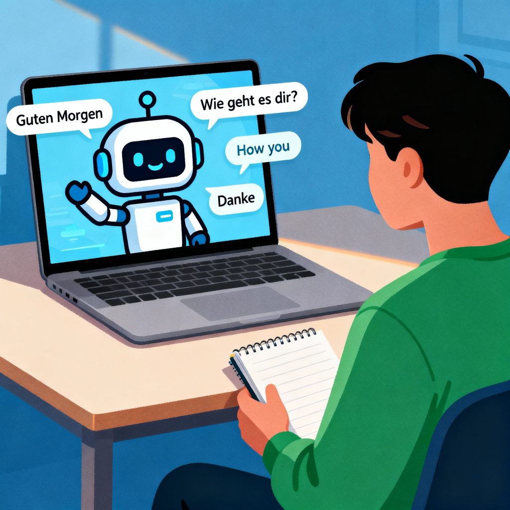 AI-assisted German learning with virtual tutor displaying common German phrases and chatbot interaction icons