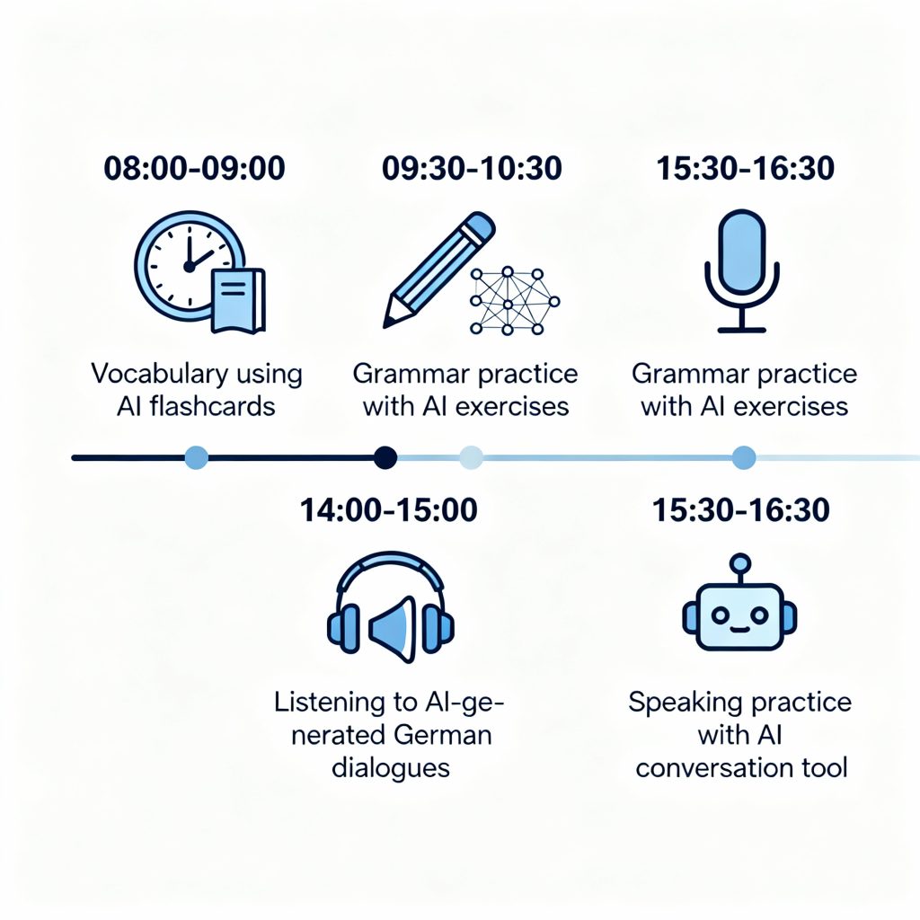 Infographic showing a daily German learning routine with time blocks for vocabulary, grammar, listening, and speaking using AI-powered tools.