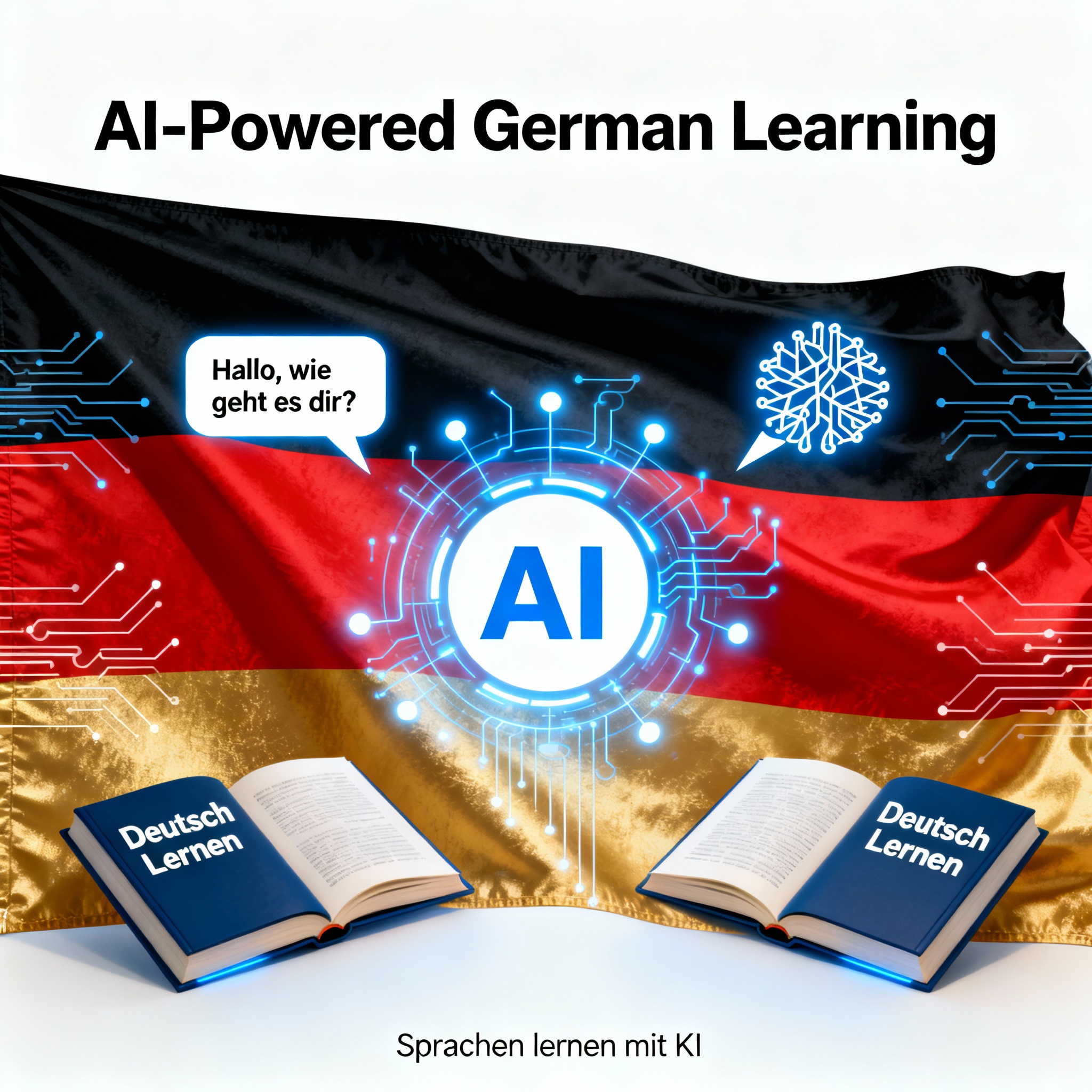 Modern digital artwork symbolizing AI-powered language learning with German flag, books, speech bubbles, and AI technology icons